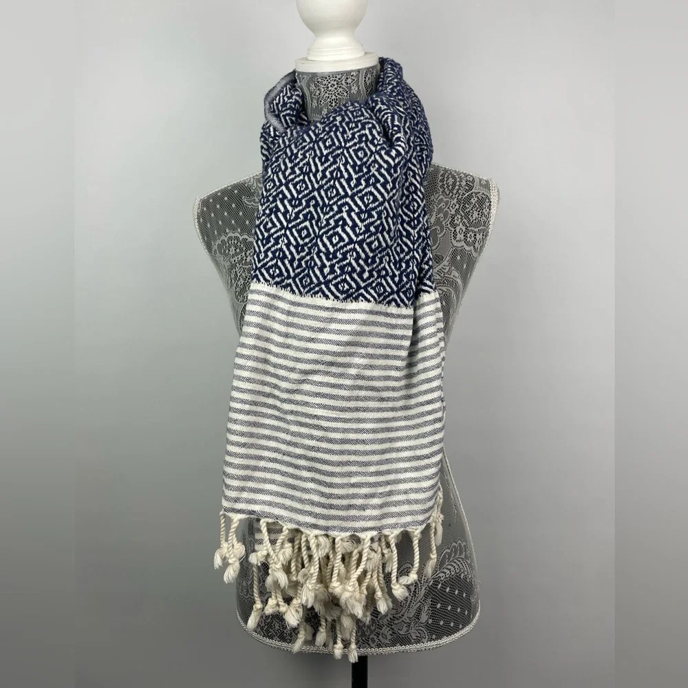 Textured Blue‎ White Striped Rectangular Scarf Beach Throw Blanket Fringe Hem